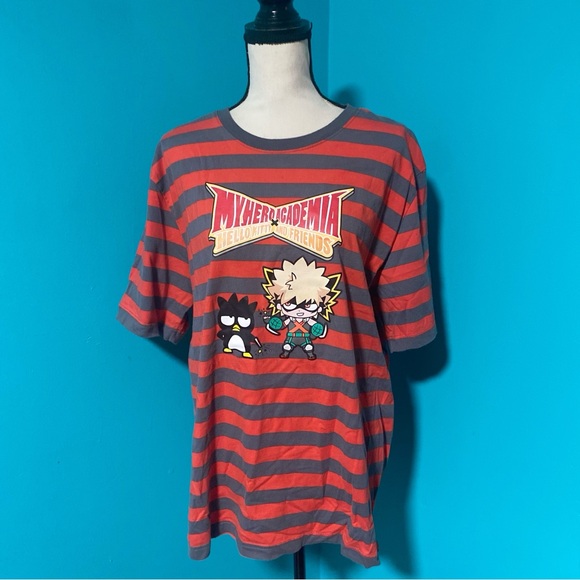 My Hero Academia Hello Kitty Red Orange Grey Striped Short Sleeve T-Shirt - Picture 1 of 3